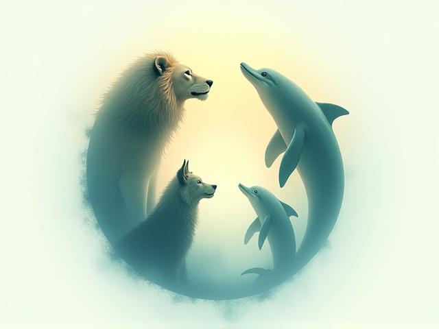 Artistic representation of chronotype animals: lion, bear, wolf, dolphin, in a serene, integrated design, highlighting individuality